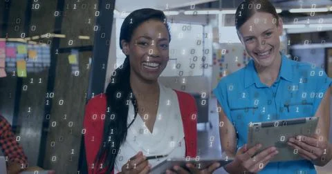 Image of binary coding data processing over diverse business people in office Stock Photos