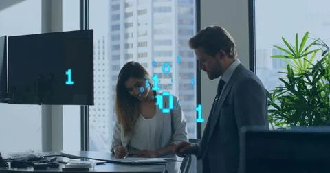 Image of binary coding data processing over diverse business people in office 스톡 사진