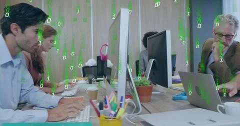 Image of binary coding data processing over diverse business people in office Stock Photos