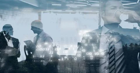 Image of binary coding data processing over diverse business people in office Stock Photos