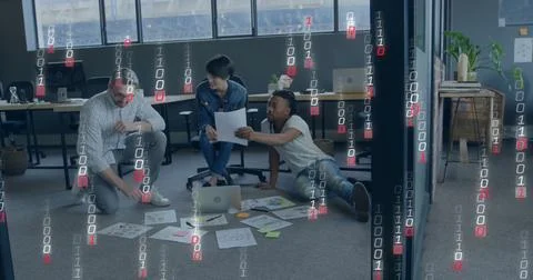 Image of binary coding data processing over diverse business people in office 스톡 사진