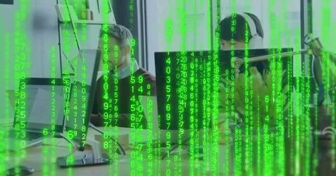 Image of binary coding data processing over diverse business people in office Stock Photos