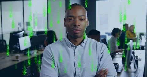 Image of binary coding data processing over diverse business people in office Stock Photos