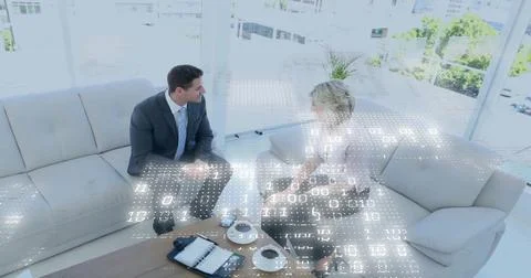 Image of binary coding data processing over diverse business people in office Stock Photos