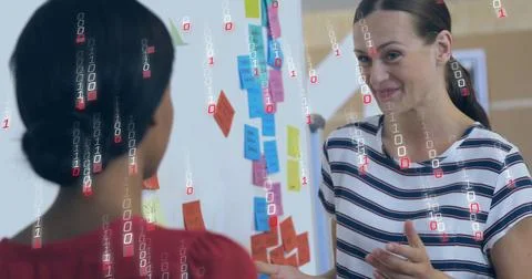 Image of binary coding data processing over diverse business people in office Stock Photos