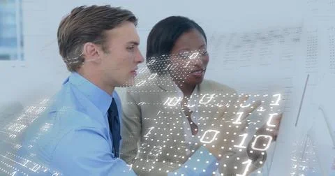 Image of binary coding data processing over diverse business people in office 写真素材