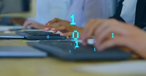 Image of binary coding data processing over diverse business people using 스톡 사진