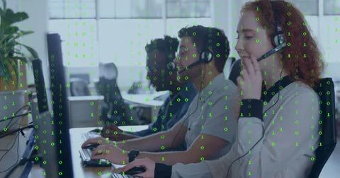 Image of binary coding data processing over diverse business people in office Stock Photos