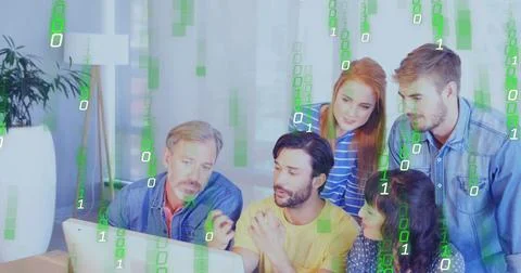 Image of binary coding data processing over diverse business people in office Stock Photos