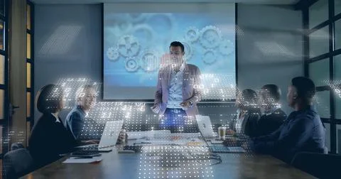 Image of binary coding data processing over diverse business people in office 스톡 사진