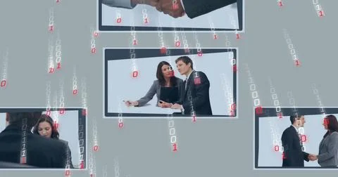 Image of binary coding data processing over diverse business people on screens 스톡 사진