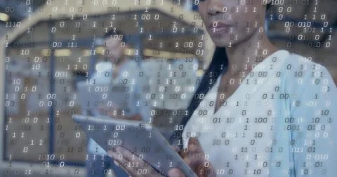 Image of binary coding data processing over diverse business people in office 스톡 사진