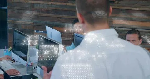 Image of binary coding data processing over diverse business people in office Stock Photos