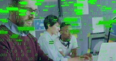 Image of binary coding data processing over diverse business people in office Stock Photos