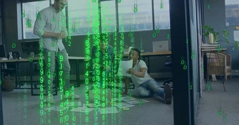 Image of binary coding data processing over diverse business people in office Stock Photos