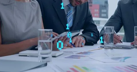Image of binary coding data processing over diverse business people in office Stock Photos