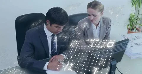 Image of binary coding data processing over diverse business people in office Stock Photos