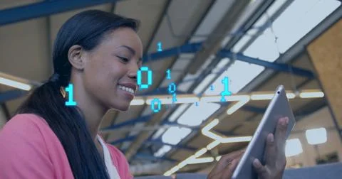 Image of binary coding data processing over diverse business people in office Stock Photos