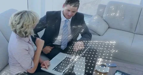 Image of binary coding data processing over diverse business people in office 스톡 사진