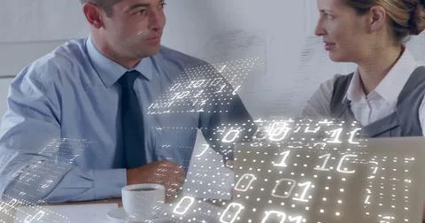 Image of binary coding data processing over diverse business people in office Stock Photos
