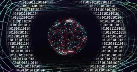 Image of binary coding data processing over connections on black background 库存照片