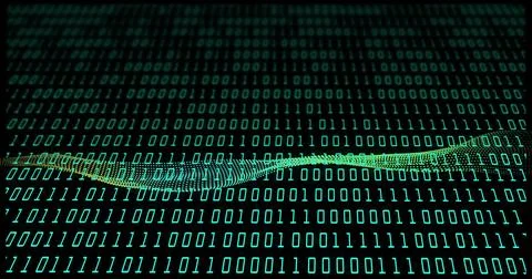 Image of binary coding data processing over mesh of connections on black Stockfoto's