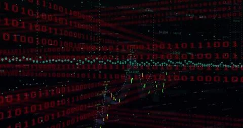 Image of binary coding data processing over grid on dark background 库存照片