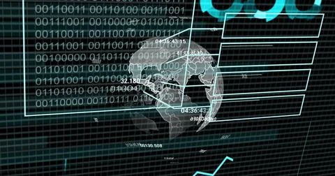 Image of binary coding data processing and globe over black background 스톡 사진