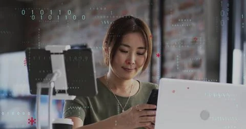 Image of binary coding data processing over caucasian businesswoman in office Stock Photos