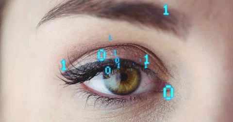 Image of binary coding data processing over close up of woman's eye 스톡 사진