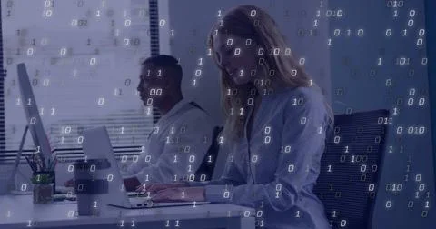Image of binary coding data processing over diverse business people in office Stock Photos