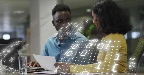 Image of binary coding data processing over diverse business people in office Stock Photos