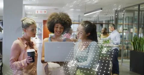 Image of binary coding data processing over diverse business people in office Stock Photos