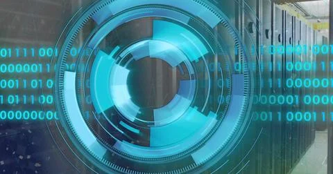 Image of binary coding data processing and scope over computer servers Foto stock