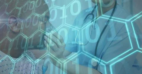 Image of binary coding data processing over diverse female doctor and male Stock Photos
