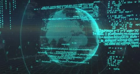 Image of binary coding data processing and globe over dark background 스톡 사진