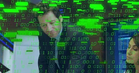 Image of binary coding data processing over diverse business people in office 스톡 사진