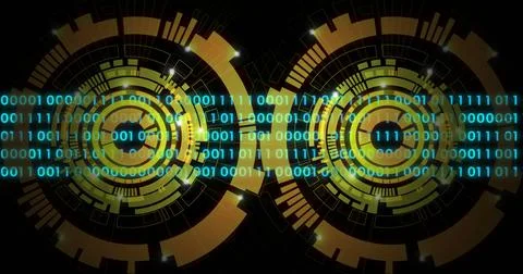 Image of binary coding data processing over scopes scanning Stock Photos