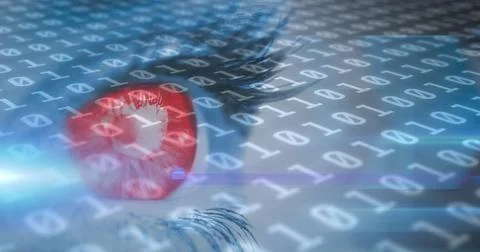 Image of binary coding data processing over woman's eye Stock Photos