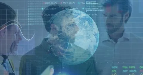 Image of binary coding data processing and globe over diverse businessmen Stock Photos