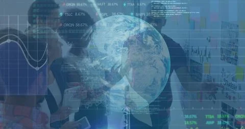 Image of binary coding, data processing and globe over diverse business people 스톡 사진