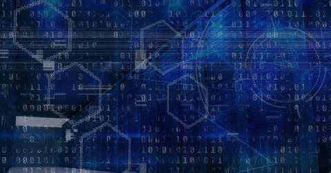 Image of binary coding data processing over computer servers in background 스톡 사진