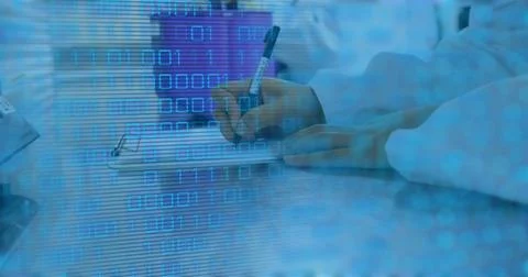 Image of binary coding data processing over mid section of scientist taking Stock Photos
