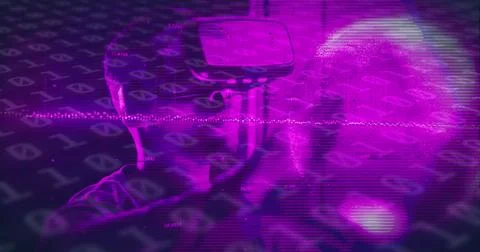 Image of binary coding data processing over african american man wearing vr Stock Photos