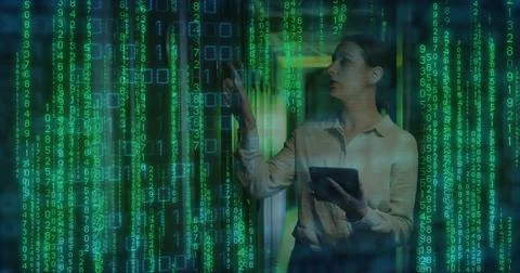 Image of binary coding data processing with caucasian female it technician by Stock Photos