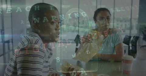 Image of binary coding data processing over male and female doctor Stock Photos
