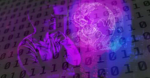 Image of binary coding data processing with african american man in vr headset Stock Photos