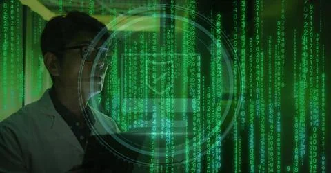 Image of binary coding data processing with asian male it technician by computer Stock Photos