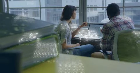 Image of binary coding data processing over diverse business people in office Stock Photos