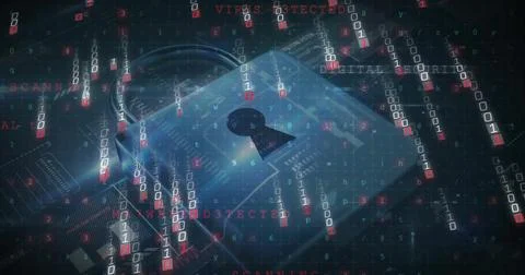 Image of binary coding, digital data processing and padlock on dark background Stock Illustration